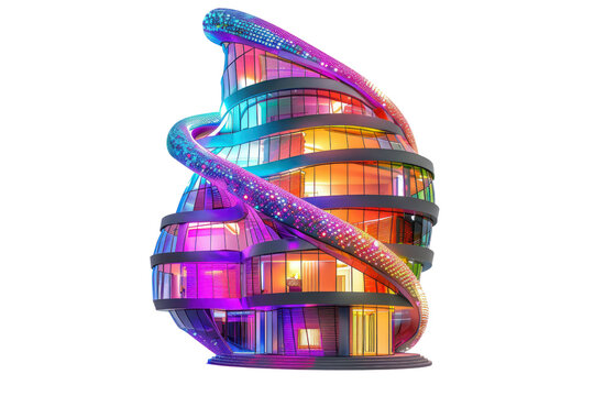 A futuristic residential building shaped like a giant DNA helix, adorned with vibrant LED lights, isolated on white background.
