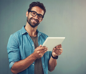 Man, gray background and portrait with tablet and glasses, career with software programming in...