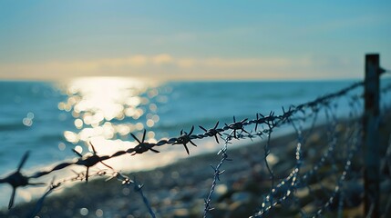 Silhouetted barbed wire fence against a glistening sea and hazy sunset.