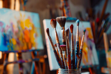 A jar of paintbrushes sits on a table in front of a painting - Powered by Adobe