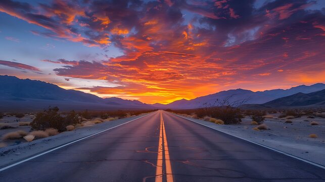 The image shows a beautiful sunset over a desert highway. The sky is ablaze with color, and the road stretches out into the distance.