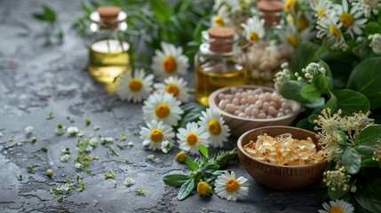 Skin care oil, natural cosmetics, spa treatments on a gray background