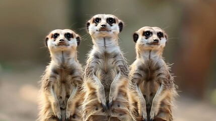 Three meerkats stand upright, looking straight ahead with curious expressions. Their fur is a mix of brown and white.