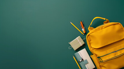 A yellow backpack with school supplies inside, on a green background. Back to School concept. Presented in a flat lay style. Copy space for text or product display