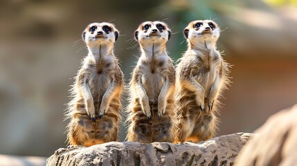 Fototapeta premium Three meerkats standing tall and alert, looking straight ahead. Their curious expressions and upright posture make them a captivating subject.
