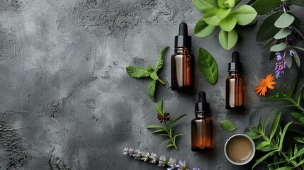 Skin care oil, natural cosmetics, spa treatments on a gray background