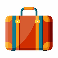 Red suitcase with blue straps and handle on white background