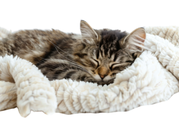 A fluffy tabby cat curled up asleep on a soft white blanket, isolated on white background
