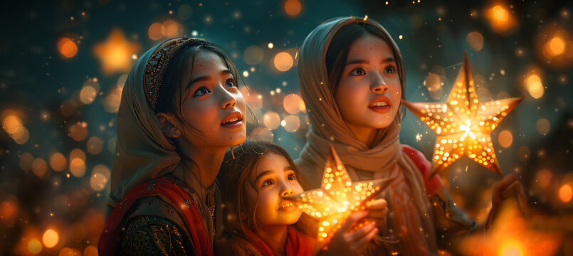 family gathered around a star and crescentshaped lantern celebrating EidalAdha with RealTime Eye AF and InBody Image Stabilization capturing the warm festive moment