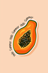 Fototapeta premium Hello summer. Colorful postcard, banner, poster template with papaya fruit. Vector illustration
