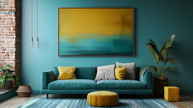 a teal and yellow toned living room with brick wall with a large horizontal painting in a frame