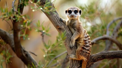 A Meerkat Perched on a Tree Branch Gazing Back at the Camera
