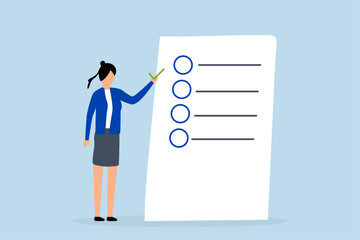 Self assessment, woman gives list of checkbox achievements on notebook paper.
