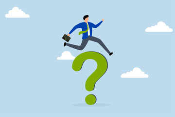 Solution to solve business problem, business man jump over big question mark sign.
