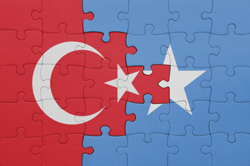 puzzle with the colourful national flag of somalia and flag of turkey.