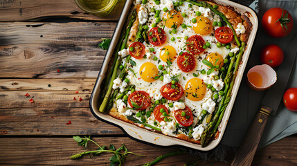 Bread casserole with green asparagus, goat cheese, tomatoes and eggs on wooden table
