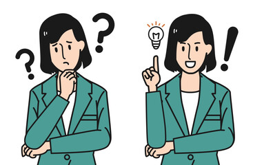 スーツ姿の女性が疑問を抱えるポーズと閃き解決するポーズ