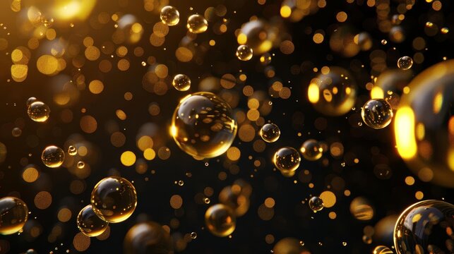 abstract liquid gold bubbles shimmering oil droplets floating in dark background luxurious 3d illustration