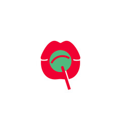 Mouth licking lollipop, female pout lips and candy on a stick, vector trendy modern style.