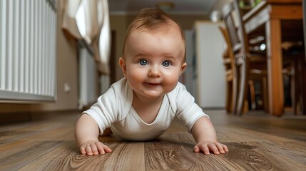 adorable baby crawling on floor in white shirt childhood development milestone