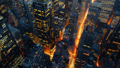 Obraz premium Aerial view of a bustling cityscape at night with brightly lit skyscrapers and streets glowing with traffic lights, showcasing urban life, blurred background