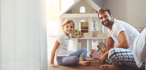 Dad, girl and happy in portrait with dollhouse in home for playing, fun and support with child...