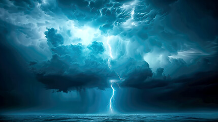 Violent lightning storm at sea, thunderstorm dramatic clouds at sea, dark moody powerful electric tempest