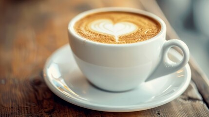 A close-up of a cup of latte coffee with heart-shaped foam art on a wooden table, creating a warm and inviting atmosphere.