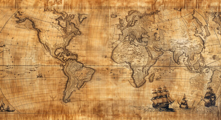 Ancient medieval map of the world with continents and countries, and decorative drawings of ships, with parallels and meridians in the background, on weathered paper. Discovery wallpaper.