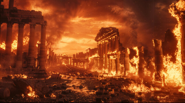 Ancient city of Rome with buildings, temples, and monuments with columns in ruins burning in flames at sunset. Wallpaper of the history of the fall of the Roman Empire after an epic war.