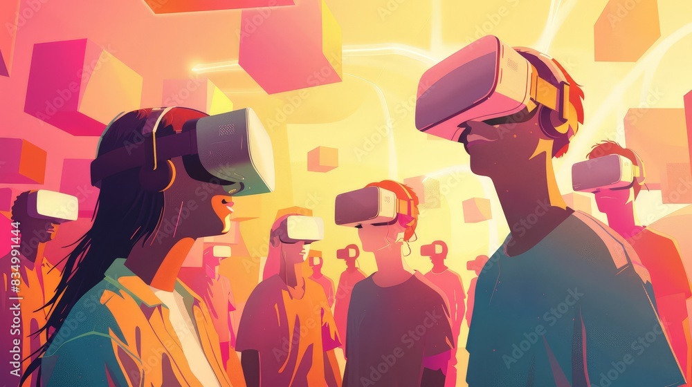 Poster create a visual guide to the impact of the metaverse on social norms and behaviors. discuss how virt