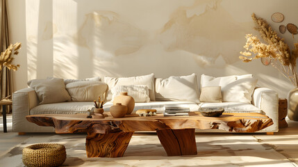 Live edge accent wooden coffee table near beige sofa against wall with clay decor. Boho, nomadic interior design of modern living room, home.