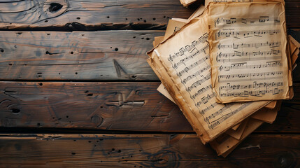 Old music scores on weathered yellowed paper, with staves and musical symbols, on a dark and rustic wooden table. Background for a classical music wallpaper.