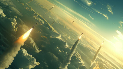 Spectacular scene with missiles flying in the sky above the clouds, with the horizon in the background. Cinematic scene of war and attack for a wallpaper of the Third World War.
