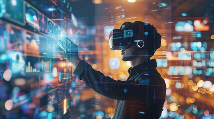 Fototapeta premium Create a visual guide to the technologies powering the metaverse. Include information on VR/AR, blockchain, AI, and 5G, and their roles in creating immersive experiences.