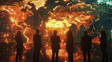 Silhouettes of people analyzing the geopolitical situation, in front of a screen with a holographic world map, featuring modern graphics and lights. Global political and economic analysis by a team