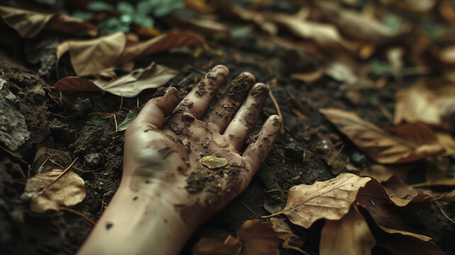 Ir a la p&aacute;gina
|12345...10Siguiente
Close-up of a dirty hand on the ground, with dirt surrounded by leaves in a park or forest. True crime scene with the corpse of a victim murdered by a serial killer
