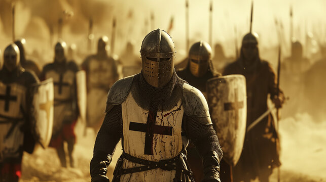 Christian crusaders army starting the reconquest, with medieval armor, shields, swords, lances and the sign of the cross. Epic war scene at sunset with golden light, for a History wallpaper.