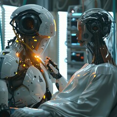 Fototapeta premium Two advanced humanoid robots interact in a high-tech environment, showcasing futuristic AI and robot technology.