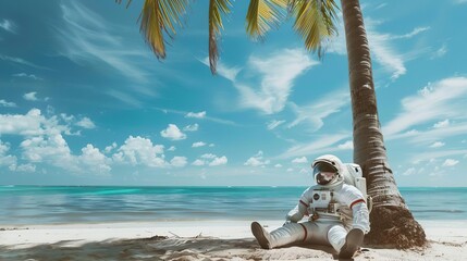 astronaut in space suit relaxing on beach under palm tree surreal summer vacation concept