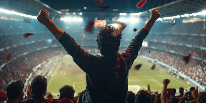 A jubilant fan celebrating during a football match at a packed stadium under bright lights, capturing the excitement and energy of live sports.