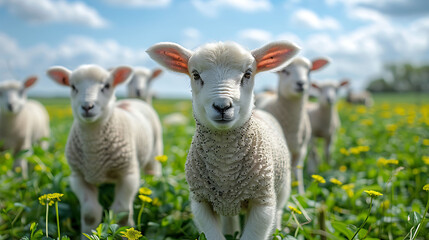 Fototapeta premium flock of lambs grazing peacefully in a green meadow on EidalAdha captured with a wideangle lens to show the natural beauty and the significance of the animals using vibrant color grading for realism
