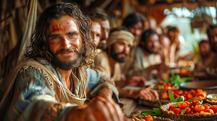 An image of Jesus Christ at the Last Supper with his disciples.