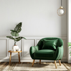 Modern wooden living , Living room interior has an green armchair on empty dark white wall background, room, Light room with sofa and armchair on empty dark white wall background,
