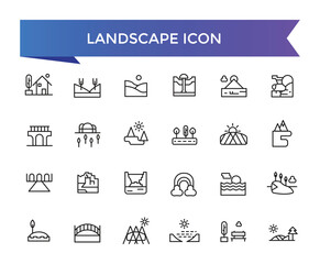 Landscape icon collection. Related to mountain, forest, river, beach, desert, field, island, volcano, waterfall, and more. Vector Line symbol set.