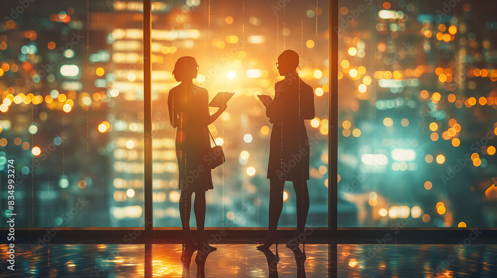 Poster two silhouetted figures in a business setting, discussing over digital tablets against an illuminate