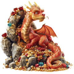 Fototapeta premium amazing 3d dragon cartoon hoarding a vast fortune of gold and jewels in a hidden cave