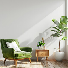 Modern wooden living , Living room interior has an green armchair on empty dark white wall background, room, Light room with sofa and armchair on empty dark White wall background,