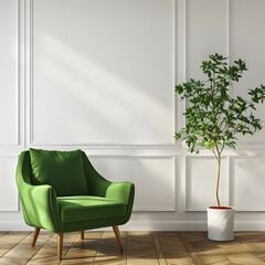 Modern wooden living , Living room interior has an green armchair on empty dark white wall background, room, Light room with sofa and armchair on empty dark White wall background,