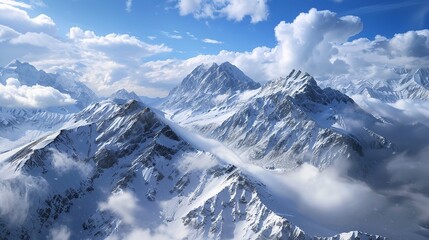 Fototapeta premium Majestic Snow-Capped Mountain Range Against Blue Sky and White Clouds: A Breathtaking 8K Landscape